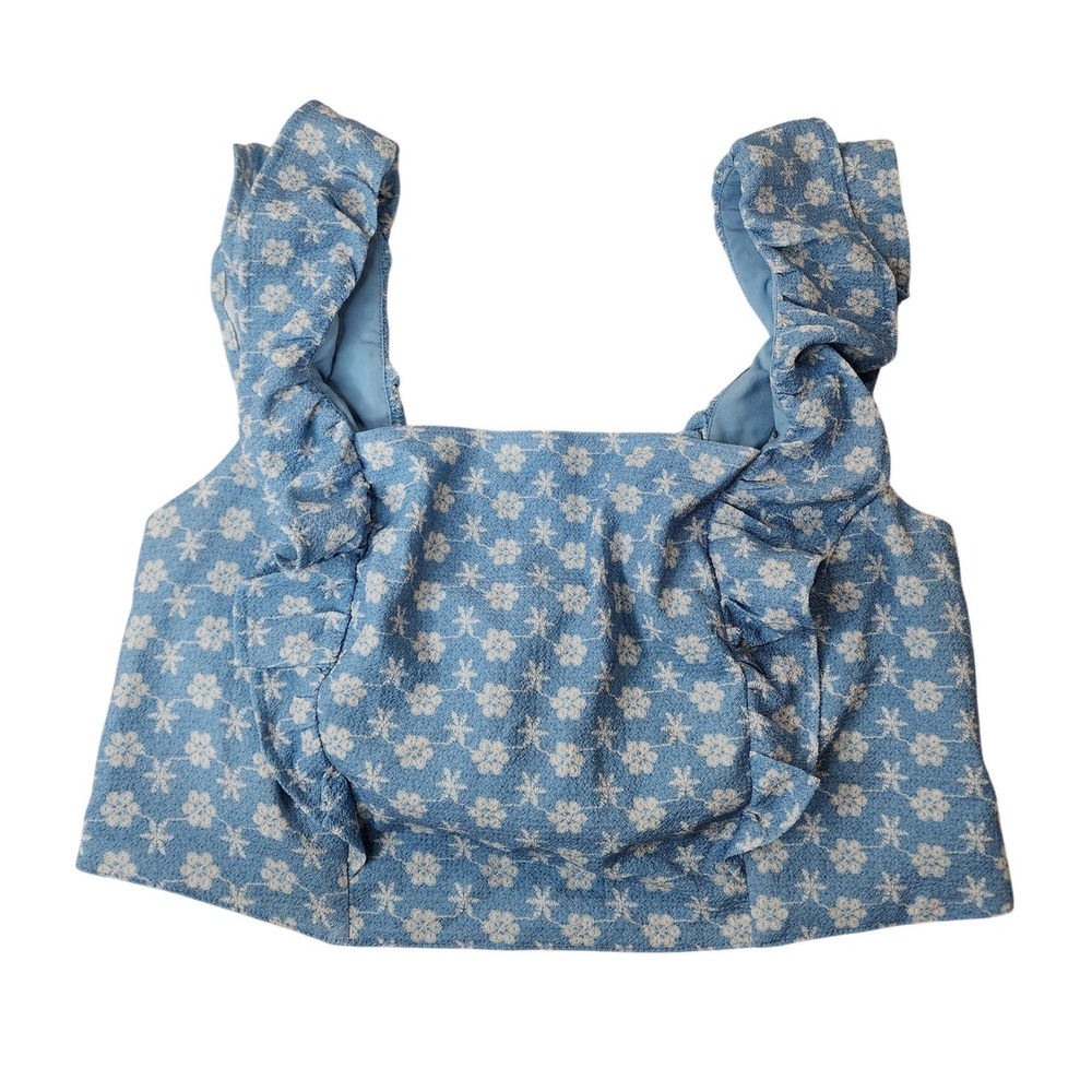 BCBGeneration Crop Top M Blue Floral Ruffle Tie Back‎ Romantic Cottagecore Boho
